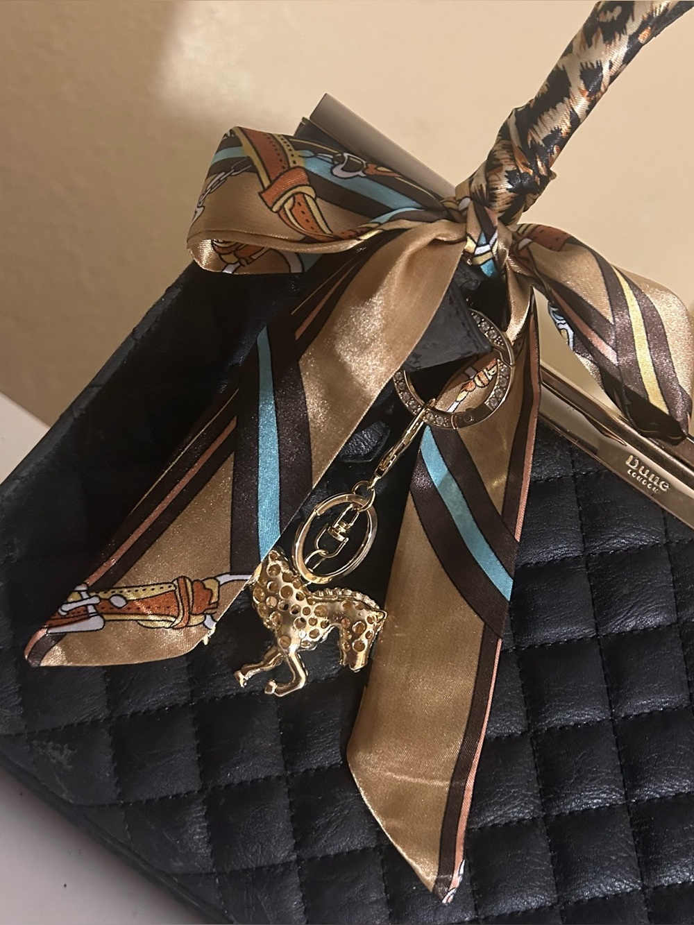 Twilly Stripe Style Women’s Handbag  Scarf Accent. Brown Blue Black
